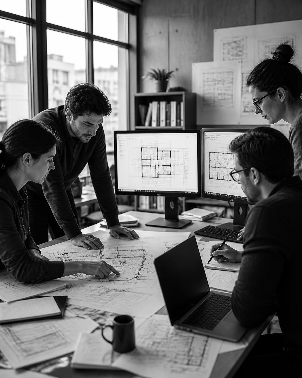 Equipe trabalhando em projetos técnicos com computadores e plantas